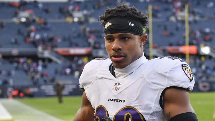 Nov 21, 2021; Chicago, Illinois, USA; Baltimore Ravens safety Ar'Darius Washington (29) leaves the field after the game against the Chicago Bears at Soldier Field. Mandatory Credit: Quinn Harris-USA TODAY Sports