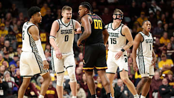 Dec 4, 2024; Minneapolis, Minnesota, USA; Michigan State Spartans forward Jaxon Kohler (0) celebrates during the second half against the Minnesota Golden Gophers at Williams Arena. Mandatory Credit: Matt Krohn-Imagn Images