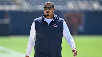 Sep 10, 2023; Chicago, Illinois, USA;  Chicago Bears general manager Ryan Poles walks laps around the field before their game against the Green Bay Packers at Soldier Field. Mandatory Credit: Jamie Sabau-Imagn Images