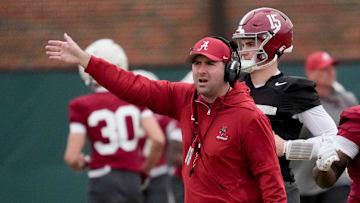Mar 5, 2025; Tuscaloosa, AL, USA; Quarterbacks coach Nick Sheridan directs his players during Spring Practice for the Crimson Tide.