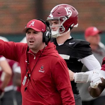 Mar 5, 2025; Tuscaloosa, AL, USA; Quarterbacks coach Nick Sheridan directs his players during Spring Practice for the Crimson Tide.