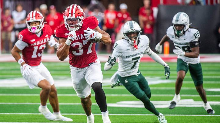 Indiana's Riley Nowakowski (37) runs during the Indiana versus Michigan State football game at Memorial Stadium on Saturday, Oct. 18, 2025.