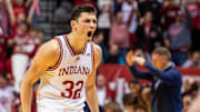 Indiana's Trey Galloway (32) celebrates against Penn State at Simon Skjodt Assembly Hall.