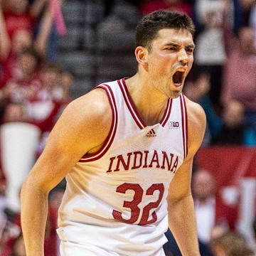Indiana's Trey Galloway (32) celebrates against Penn State at Simon Skjodt Assembly Hall.