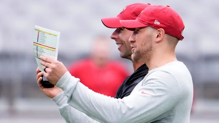 Jul 27, 2023; Phoenix, AZ, USA; Arizona Cardinals defensive coordinator Nick Rallis talks to head coach Jonathan Gannon during training camp at State Farm Stadium. Mandatory Credit: Rob Schumacher-Arizona Republic