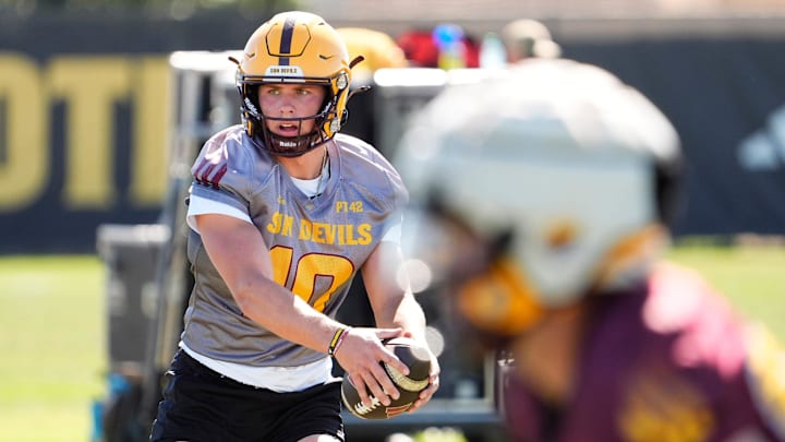 Arizona State quarterback Sam Leavitt (10) during spring football practice at Kajikawa practice fields in Tempe on Tuesday, March 25, 2025.