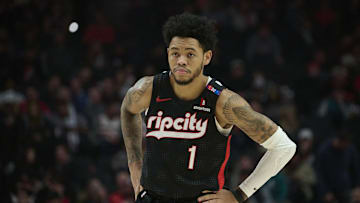 Jan 11, 2025; Portland, Oregon, USA; Portland Trail Blazers guard Anfernee Simons (1) waits for the ball during a break in the game during the first half against the Miami Heat at Moda Center. Mandatory Credit: Troy Wayrynen-Imagn Images