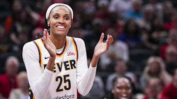 May 24, 2025; Indianapolis, Indiana, USA; Indiana Fever forward DeWanna Bonner (25) reacts to the action during a game between the Indiana Fever and the New York Liberty at Gainbridge Fieldhouse. Mandatory Credit: Grace Smith/USA Today Network via Imagn Images