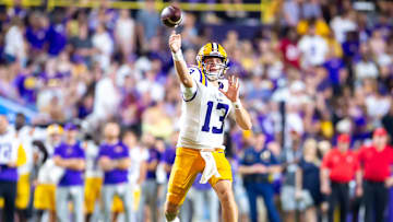 Quarterback Garrett Nussmeier 13 throws a pass as the LSU Tigers take on the Nicholls Colonels at Tiger Stadium in Baton Rouge, LA. Saturday, Sept. 7, 2024.