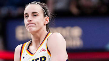Indiana Fever guard Caitlin Clark (22) reacts to the action Saturday, May 24, 2025, during a game between the Indiana Fever and the New York Liberty at Gainbridge Fieldhouse in Indianapolis. The New York Liberty defeated the Indiana Fever, 90-88.