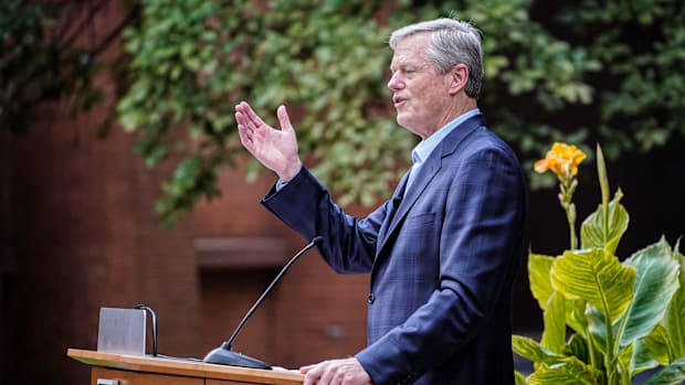 Charlie Baker speaks during a press conference, celebrating the anniversary of the NCAA moving offices to Indianapolis.