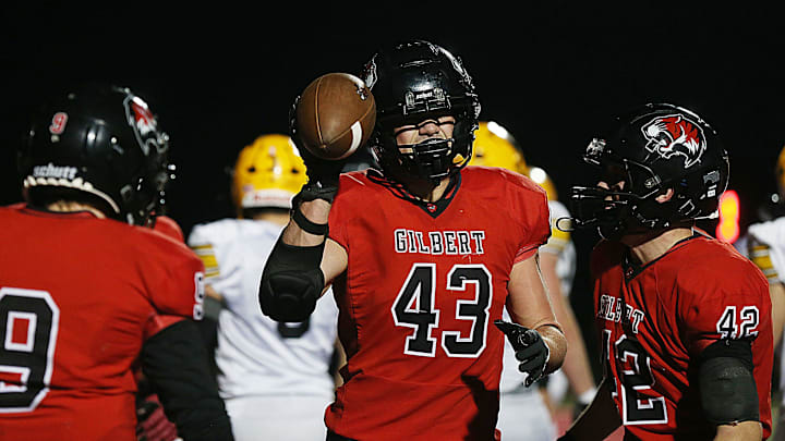 Gilbert's running back Will Hawthorne (43) celebrates after his second touchdown against Waverly-Shell Rock during the second quarter in the 4A first round high school football playoff at Gilbert High School onFriday, Nov. 1, 2024, in Gilbert, Iowa