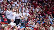 Indiana fans play air guitar on the big screen during the Indiana versus UCLA men's basketball game at Simon Skjodt Assembly Hall on Friday, Feb. 14, 2025.
