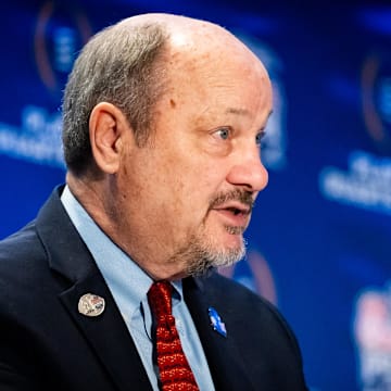 Dec 31, 2024; Atlanta, Georgia, USA; Peach Bowl President and CEO Gary P. Stokan addressed the gathered media ahead of the Joint head coaches Press Conference at the Westin Peachtree Plaza in Atlanta, Georgia on Dec. 31, 2024, ahead of the Peach Bowl College Football Quarterfinal Game on New Years Day. Texas Longhorns head coach Steve Sarkisian joined Arizona State Sun Devils head coach Kenny Dillingham at the press conference.  Mandatory Credit: Sara Diggins/USA TODAY Network via Imagn Images 
