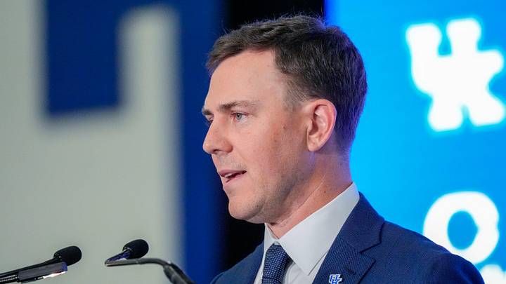 New Kentucky Wildcat head coach Will Stein makes remarks as he is introduced at Kentucky on Wednesday, December 3, 2025