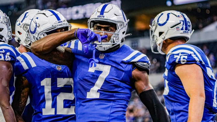 The Indianapolis Colts celebrate a touchdown by Indianapolis Colts wide receiver Laquon Treadwell (7) during a pre-season game between the Indianapolis Colts and the Denver Broncos on Sunday, August. 11, 2024 at Lucas Oil Stadium in Indianapolis.