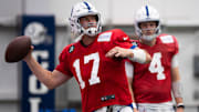 Indianapolis Colts quarterback Philip Rivers (17) drops back to pass Wednesday, Dec. 10, 2025, during practice at the Colts training facility in Indianapolis.
