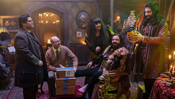 “WHAT WE DO IN THE SHADOWS” -- “Sleep Hypnosis” -- Season 6, Episode 3 (Airs October 21) — Pictured (L-R): Harvey Guillén as Guillermo, Mark Proksch as Colin Robinson, Natasia Demetriou as Nadja, Matt Berry as Laszlo, Kayvan Novak as Nandor. CR: Russ Martin/FX