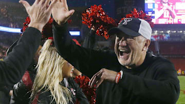 Texas Tech Red Raiders' football head coach Joey MCGuire celebrates after winning 23-22 over Iowa State Cyclones in the week-10 NCAA football at Jack Trice Stadium on Saturday, Nov. 2, 2024, in Ames, Iowa.