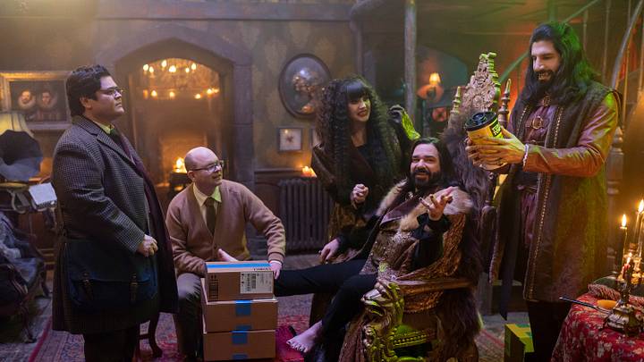 “WHAT WE DO IN THE SHADOWS” -- “Sleep Hypnosis” -- Season 6, Episode 3 (Airs October 21) — Pictured (L-R): Harvey Guillén as Guillermo, Mark Proksch as Colin Robinson, Natasia Demetriou as Nadja, Matt Berry as Laszlo, Kayvan Novak as Nandor. CR: Russ Martin/FX