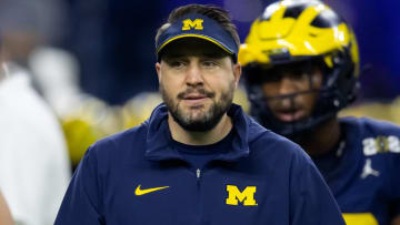 Jan 8, 2024; Houston, TX, USA; Michigan Wolverines quarterbacks coach Kirk Campbell against the Washington Huskies during the 2024 College Football Playoff national championship game at NRG Stadium. Mandatory Credit: Mark J. Rebilas-USA TODAY Sports