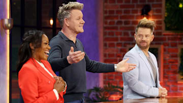 NEXT LEVEL CHEF: L-R: Nyesha Arrington, Gordon Ramsay and Richard Blais in the NEXT LEVEL CHEF episode "The Menu" airing Thursday, Mar. 27 (8:00-9:00 PM ET/PT) on FOX. CR: Lorraine O’Sullivan / FOX. ©2025 FOX Media LLC.