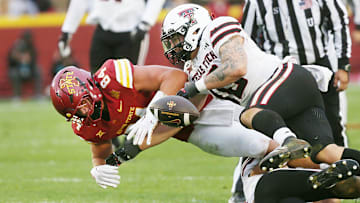Texas Tech Red Raiders' linebacker Jacob Rodriguez (10) knocks out the ball ball from Iowa State Cyclones tight end Gabe Burkle (82) and created a fumble during the third quarter in the week-10 NCAA football at Jack Trice Stadium on Saturday, Nov. 2, 2024, in Ames, Iowa.