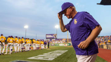 Paul Mainieri takes the field as The LSU Tigers take on Southern Miss in the 2019 NCAA Regional Tournament in Baton Rouge, LA. Sunday, June 2, 2019.