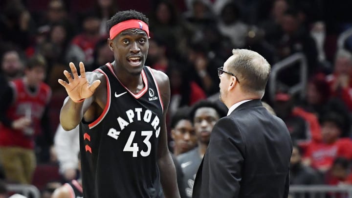 Oct 26, 2019; Chicago, IL, USA; Toronto Raptors forward Pascal Siakam (43) discusses with Toronto Raptors head coach Nick Nurse at United Center. Mandatory Credit: Quinn Harris-USA TODAY Sports