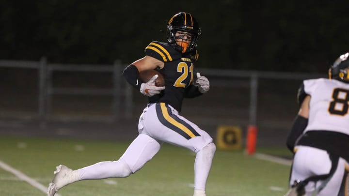 Newbury Park's Shane Rosenthal is in the clear to finish a touchdown reception against Ventura during the first quarter of their CIF-SS Division 5 first-round playoff game on Friday, Nov. 3, 2023, at Newbury Park High. The Panthers won 42-30.