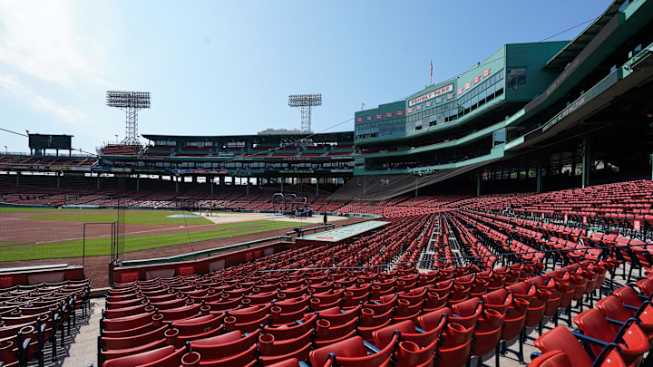 Jul 7, 2020; Boston, Massachusetts, United States; A general view of empty seats at Fenway Park during the Boston Red Sox Summer Camp. Mandatory Credit: David Butler II-Imagn Images