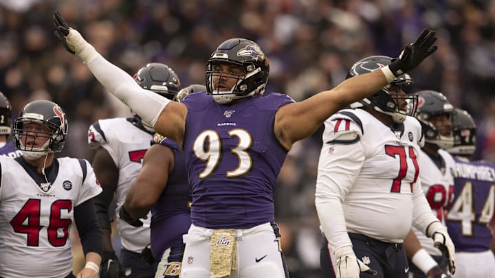 Nov 17, 2019; Baltimore, MD, USA;  Baltimore Ravens nose tackle Chris Wormley (93) reacts after Houston Texans kicker Ka'imi Fairbairn (not pictured) missed a second quarter field goal at M&T Bank Stadium. Mandatory Credit: Tommy Gilligan-Imagn Images