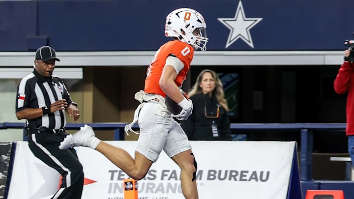 Receiver Ethan Rucker of Celina scores a touchdown during the first half of the Texas 4A Division 1 title game at AT&T Stadium.