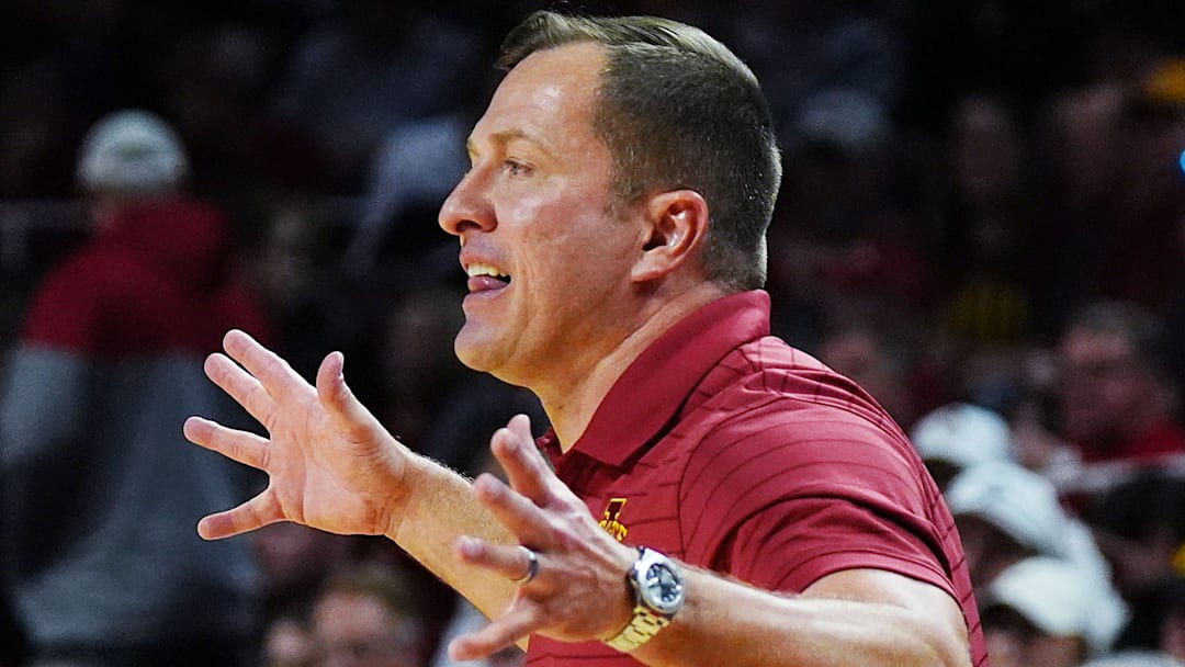 Iowa State Cyclones men's basketball head coach T.J. Otzelberger calls a play during the second half against Oklahoma State in the Big-12 men’s basketball on Jan. 10, 2026, at Hilton Coliseum in Ames, Iowa.