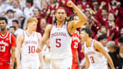 Indiana's Malik Reneau (5) celebrates during the Indiana versus Ohio State men's basketball game at Simon Skjodt Assembly Hall on Saturday, March 8, 2025.