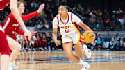 USC Trojans guard JuJu Watkins (12) drives Friday, March 7, 2025, agains the Indiana Hoosiers during the Big Ten women's tournament at Gainbridge Fieldhouse in Indianapolis.