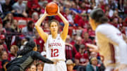Indiana's Yarden Garzon (12) looks for Lilly Meister (52) during the Indiana versus Purdue women's basketball game at Simon Skjodt Assembly Hall on Saturday, Feb. 15, 2025.