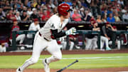 Arizona Diamondbacks Jake McCarthy gets his first hit of the season, a double against the Baltimore Orioles in the fifth inning at Chase Field in Phoenix, on April 9, 2025.