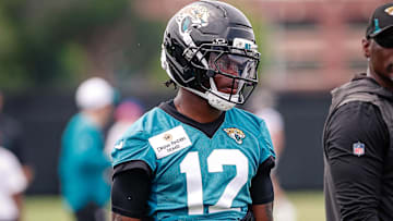 May 10, 2025; Jacksonville, FL, USA; Jacksonville Jaguars wide receiver Travis Hunter (12) stands on the field during rookie minicamp at Miller Electric Center. Mandatory Credit: Travis Register-Imagn Images
