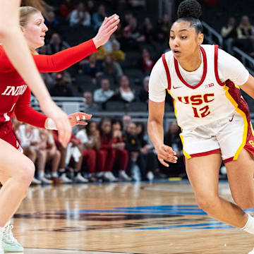 USC Trojans guard JuJu Watkins (12) drives Friday, March 7, 2025, agains the Indiana Hoosiers during the Big Ten women's tournament at Gainbridge Fieldhouse in Indianapolis.