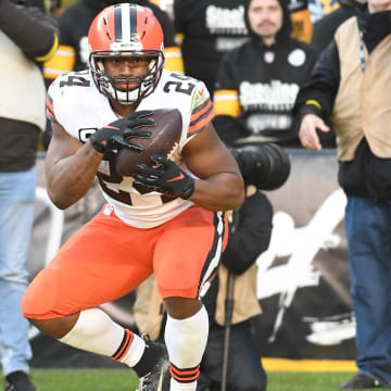 Jan 8, 2023; Pittsburgh, Pennsylvania, USA;  Cleveland Browns running back Nick Chubb (24) scores a touchdown against the Pittsburgh Steelers during the fourth quarter at Acrisure Stadium.