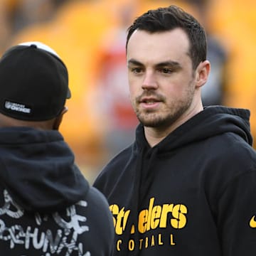 Dec 23, 2023; Pittsburgh, Pennsylvania, USA;  Pittsburgh Steelers practice squad quarterback Trace McSorley (4) before. Game against the Cincinnati Bengals at Acrisure Stadium. Mandatory Credit: Philip G. Pavely-Imagn Images