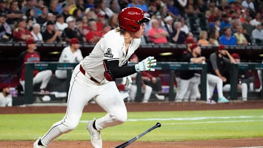 Arizona Diamondbacks Jake McCarthy gets his first hit of the season, a double against the Baltimore Orioles in the fifth inning at Chase Field in Phoenix, on April 9, 2025.