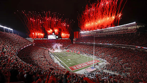 Fireworks go off as the Ohio State Buckeyes take the field before the 2021 game against the Penn State Nittany Lions.