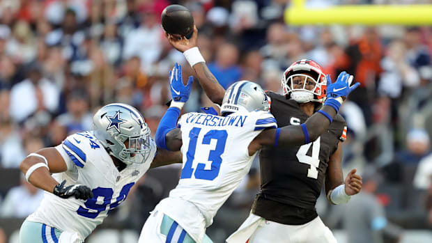 Cleveland Browns quarterback Deshaun Watson (4) fails to convert under pressure from Dallas Cowboys defensive end Marshawn Kn