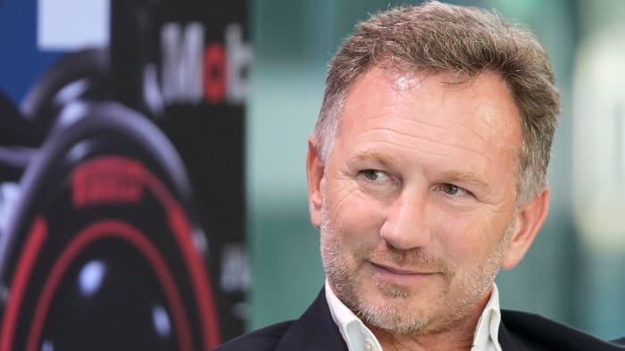 Christian Horner, Team Principal of Oracle Red Bull Racing, speaks at the Red Bull Fan Zone, a