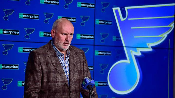 Feb 18, 2020; St. Louis, Missouri, USA;  St. Louis Blues general manager Doug Armstrong talks with the media about the acquisition of defenseman Marco Scandella from the Montreal Canadians prior to a game against the New Jersey Devils at Enterprise Center. Mandatory Credit: Jeff Curry-Imagn Images