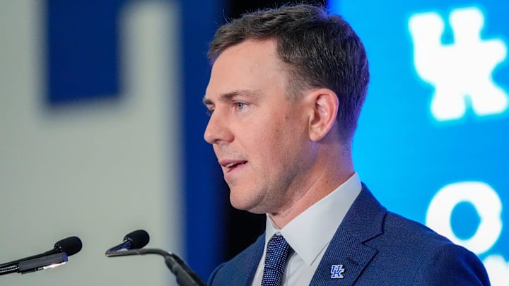 New Kentucky Wildcat head coach Will Stein makes remarks as he is introduced at Kentucky on Wednesday, December 3, 2025