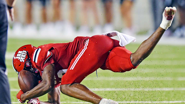 Jacksonville State's Zechariah Poyser catches an interception during college football action at Burgess-Snow Field AmFirst Stadium in Jacksonville, Alabama August 29, 2024. (Dave Hyatt / Special to the Gadsden Times)