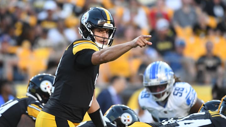 Aug 28, 2022; Pittsburgh, Pennsylvania, USA;  Pittsburgh Steelers quarterback Mason Rudolph (2) calls a play at the line against the Detroit Lions during the fourth quarter at Acrisure Stadium. The Steelers won 19-9. Mandatory Credit: Philip G. Pavely-Imagn Images